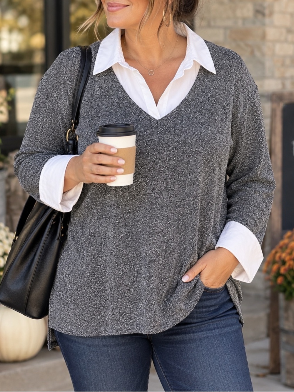 Cato Woman 22/24W Gray White Mock Layer Collared Sweater Top